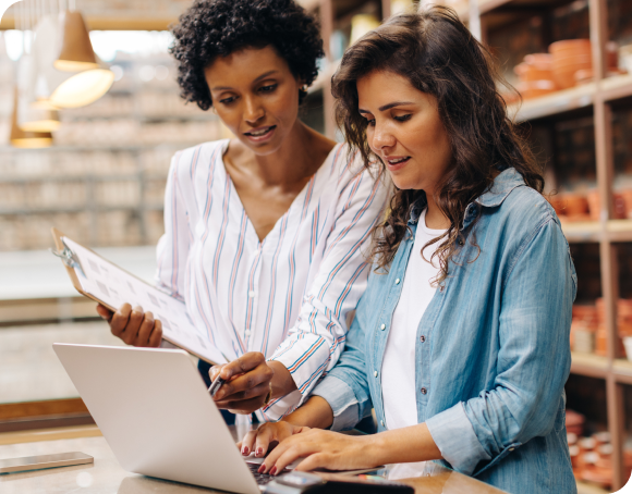 Business partners looking at laptop